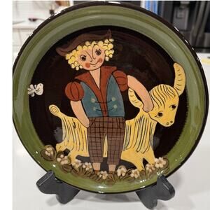 VINTAGE Rheinpfalz Handarbeit Folk Art Wall Hanging Plate Child Goat Decor Scene